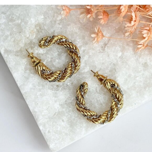 Vintage Jewelry - Vintage Dual Gold & Silver Toned 80's Monet Hoop Rope / Braided Design Earrings